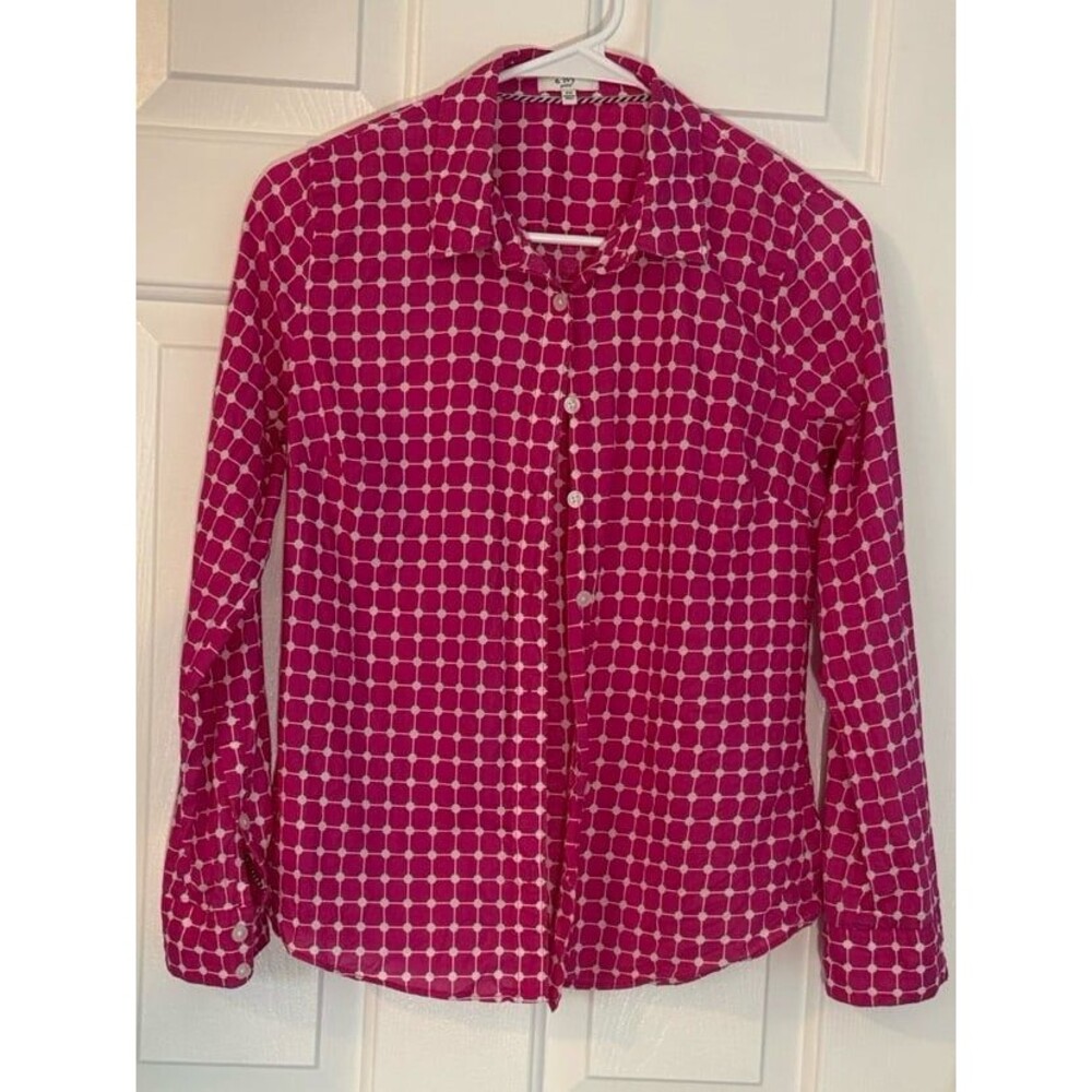 Crown & Ivy long Sleeve Hit Pink and white blouse